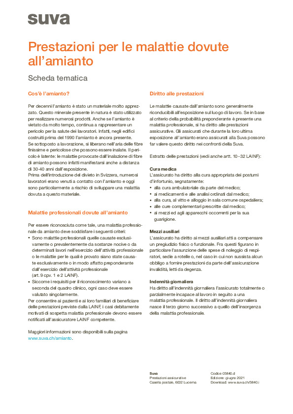 Indennità in caso di patologie da amianto di tipo professionale